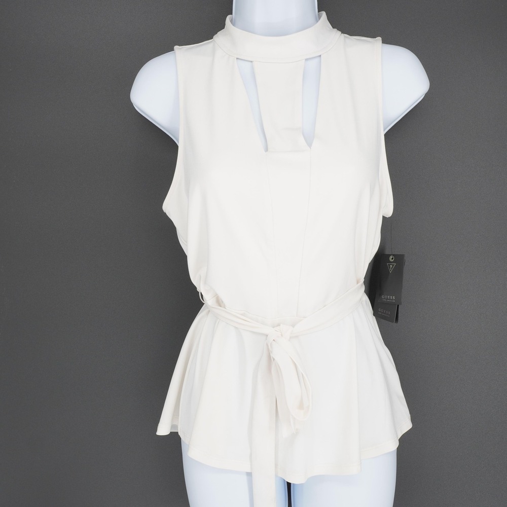 GUESS Blouse Womens S White Mock Neck Keyhole Peplum Belted Stretch Jersey